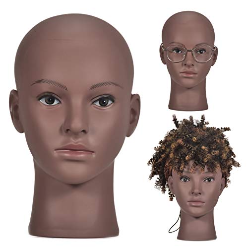 Afro Mannequin Bald Head for Wigs Head 21 Inch Bald Manikin Head Stand Cosmetology Manikin Head Doll Head for Wigs Making Display Styling Hats with Free Clamp (Mannequin Head + Wig Stand) …