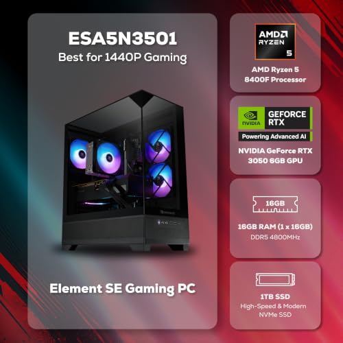 Image of iBUYPOWER Element SE Gaming PC Desktop Computer AMD Ryzen 5 8400F CPU, NVIDIA GeForce RTX 3050 6GB GPU, 16GB DDR5 RAM, 1TB NVMe SSD, Windows 11 Home, Gamer Keyboard and Mouse - ESA5N3501