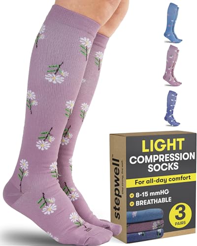 Find the Best Compression Socks 8-15 Mmhg for Comfort and Support 15 STEPWELL Light Compression Socks for Women & Men - 3 Pairs | Pink, Purple, Blue Flowers | Breathable Soft 8-15 mmHg Compression Socks Women, Exercise, Comfort and Support-3P