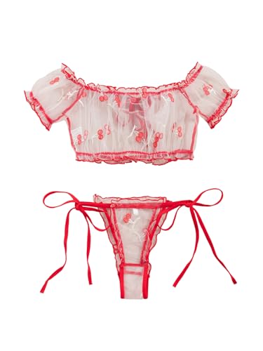 Image of Lilosy Sexy Stretch Ruffle Tie Sheer Mesh Lingerie Set Outfits