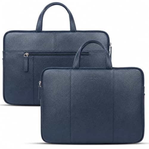 Image of ALLEN & MATE 100% Leather Laptop Case 13 Inch Laptop Sleeve fits MacBook Neo /Air /Pro 13 Inch with M5 /M4 /M3 /M2 /M1, Dell, HP, Lenovo, Chromebook 11-13 inch Computer Bag Zip Pocket - Navy Blue