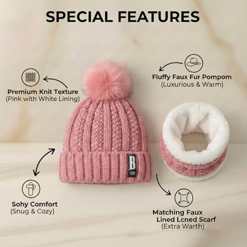 Image of Kraptick Women's Winter Beanie Cap and Scarf Set with Soft Fleece Lining, Thick Cable Knit Woolen Cap for Ladies & Neck Warmer for Extreme Cold Stylish Pom Pom Hat & Scarf Set -7