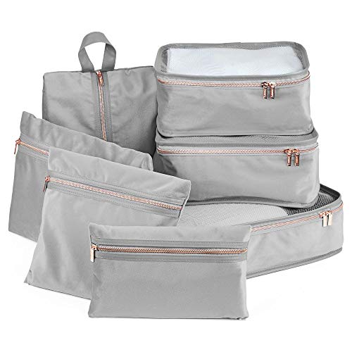 Beautify Travel Organisers  Packing Cubes Set 7 Pieces - Luggage Compression Suitcase Storage Pouches Bags - Grey Velvet & Rose Gold