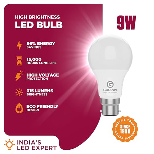 Image of GOURAV 9W LED Bulb Cool White B22 Base Pack of 1| Extra Bright | Glare-Free | 270 Beam | Flicker-Free | Instant Light | Retrofit | 1-Year Warranty | Energy Efficient