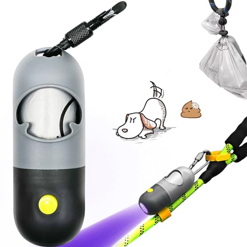 Image of YUCHIYA Dog Poop Bags Holder with UV Flashlight with 1 Roll of Leak-Proof Dog Waste Bags Black Light for for Pet Urine Detector with Built-in LR44 Batteries and Dog Walking Accessories (Dark Gray)