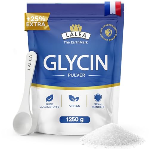 LALEA Glycin Pulver 1250g 100% reines L-Glycin Aminosäure Kollagen-Baustein Vegan ohne Zusätze hochlöslich Unterstützt Schlaf Gelenke & Haut Großformat