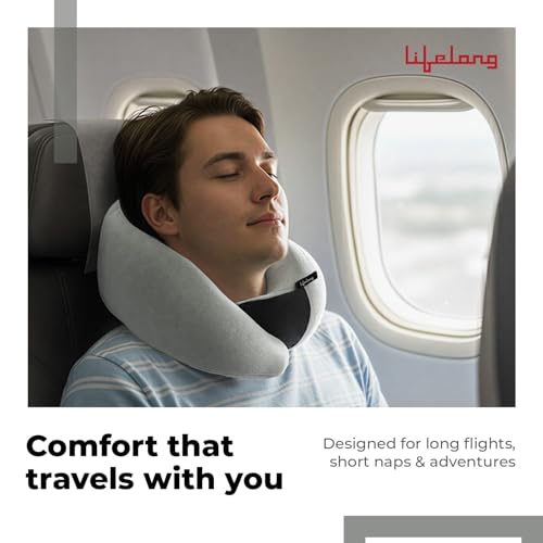 Image of Lifelong Neck Pillow for Travelling | Memory Foam Neck Rest for Sleeping in Airplane & Car | Soft & Comfortable Neck Support | Adjustable Velcro Straps & Travel Pouch | Ideal for Office & Home (Grey)