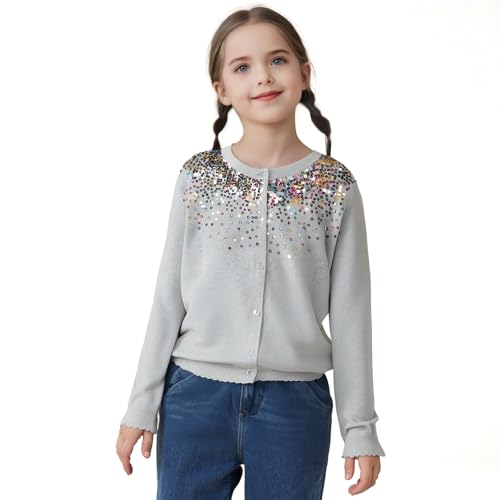 Danny D Girls Sequin Knitted Sweater Cardigan Crew Neck Long Sleeve Button Tops
