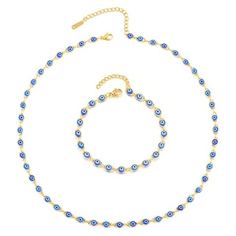 POSHFEEL Evil Eye Bracelets Necklaces Set for Women 14K Gold Plated Stainless Steel Chain with Lucky Amulets Beads Pendants, Blue Cover