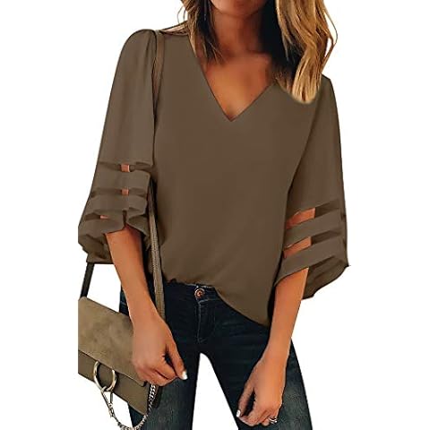 Roskiky Women's 3/4 Bell Sleeve V Neck Blouse Mesh Panel Loose Casual Solid Tops Shirt Brown Large (UK 16-18) Cover