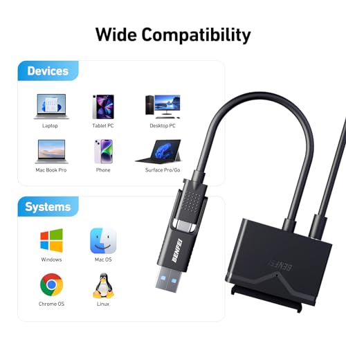 BENFEI SATA to USB 3.0 Cable, USB 3.0 to SATA III Hard Drive Adapter Compatible for 2.5 3.5 Inch HDD/SSD Hard Drive Disk with 12V/2A Power Adapter, Support UASP