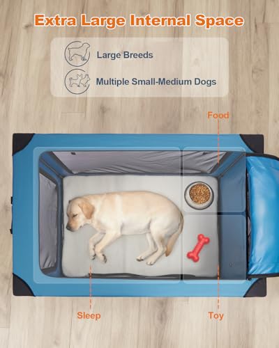 Ownpets 122 cm XXL Klappbarer Hundekäfig für Große Hunde, Tragbarer Reisehundekäfig, 4-Türiger Faltenbarer Haustierkäfig mit Robusten Netzfenstern und Weicher Matte, Blau