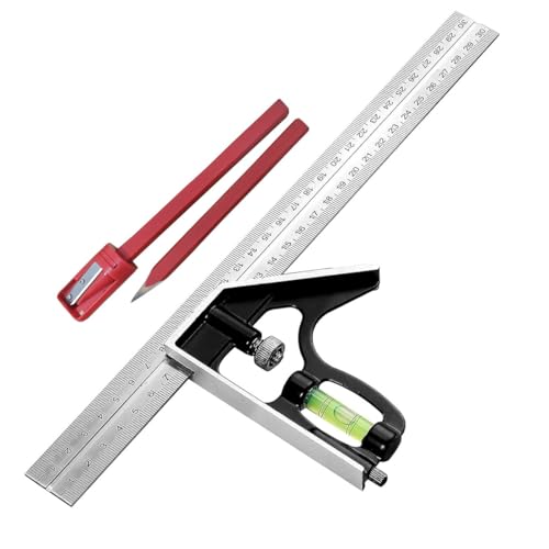 Combination Square with 2 Pencils and Sharpener Stainless Steel Adjustable Angle Ruler 45 and 90 Degree Engineers Set Square Measuring Tool for Carpentry and Woodworking