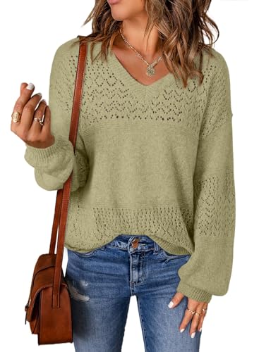 Image of SHEWIN Women's Sweaters Casual Long Sleeve V Neck Crewneck Lightweight Crochet Pullover Sweater Tops