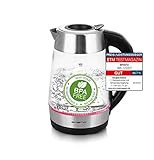 Emerio WK-122227 Glas Wasserkocher mit SMART EASY FILL Funktion, Temperaturwahl (60°C/70°C/80°C/90°C/100°C), BPA-frei, Trockengehschutz, Auto-Off, 2200 Watt, 1.7 liters, Silber/Schwarz