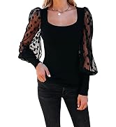 FANCYINN Womens Polka Dot Mesh Tops Sheer Lantern Sleeves Square Collar Slim Elegant Shirt Pullov...