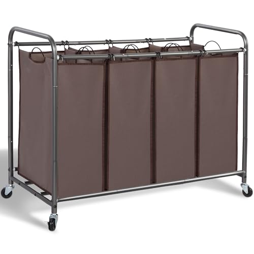 STORAGE MANIAC Laundry Sorter, 4 Section, Laundry Hamper with Wheels, Eco-friendly, Portable, Removable, Waterproof, Brown