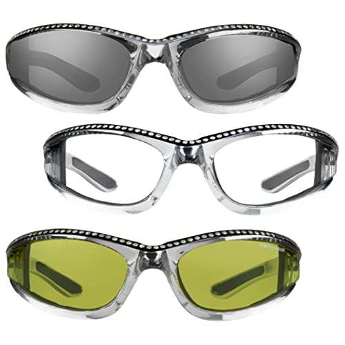 Bikershades Chrome Frame Anti Glare Mirrored Motorcycle Sunglasses With Rhinestones Foam Padded For Women (Mirror Smoke Black + Clear Black + Yellow Black Combo) #TOP27