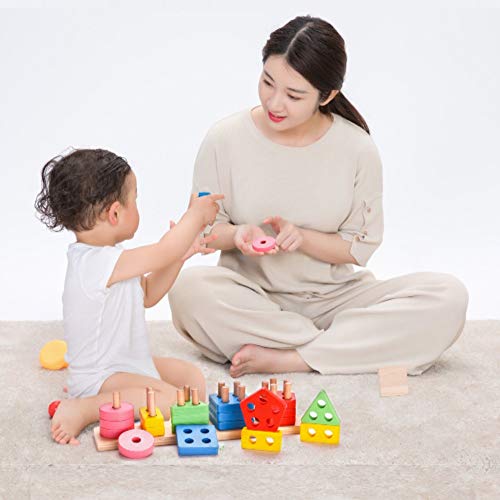 RUIDELI Wooden Educational Geometric Toys, Preschool Learning Shape Color Recognition Geometric Stacking Blocks, Toddler Geometric Sorting Board Blocks