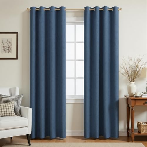 Image of 100% Blackout Linen Textured Curtains for Bedroom Full Light Blocking Room Darkening Bronze Grommet Window Drapes Thermal Insulated Energy Efficient Home Decor 52x72 Navy Blue (2 Panels)