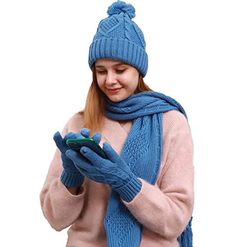 Agool Scarf Hat Gloves Set Women - Pom Beanie Warm Thick Cable Knit Touch Screen Gloves Long Scarf 3Pcs Cold Winter Gift Set(Blue) #TOP1