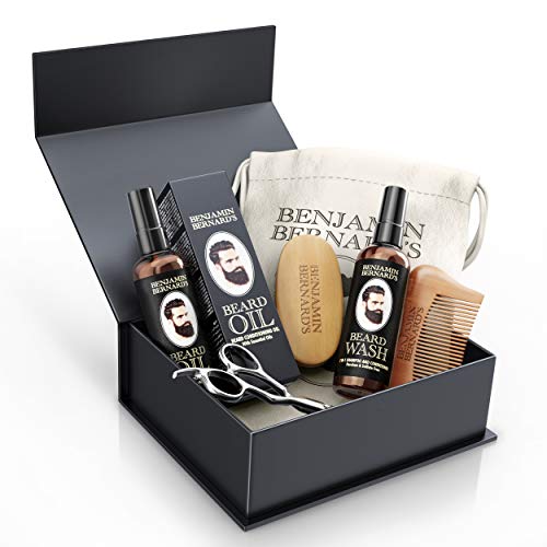 Beard Grooming Kit by Benjamin Bernard - Scissors, Oil, Wash, Wooden Comb and Brush Package Set - Natural Skin Moisturizer, Cleanser and Conditioner - Complete Moustache Growth Care Gift Box for Men 