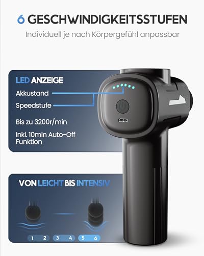 HELDENWERK Massagepistole inkl. 6 Massageköpfen & 3200 U/min I Muskel Massage-Gun mit USB-C Anschluss I Muskel Massagegerät, Massagegun, Muskelmassagepistole, Muskelpistole (Grau) 3