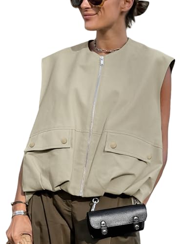 Yimoon Damen-Cargo-Weste mit Reißverschluss, lässig, gerüschter Saum, ärmellos, Blazer, Weste, Top mit Taschen, Khaki, L