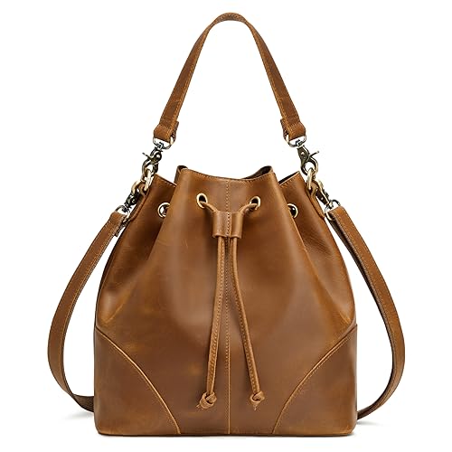 S-ZONE Genuine Leather Bucket Bags for Women Drawstring Crossbody Purses Shoulder Top Handle Handbags with 2 Straps