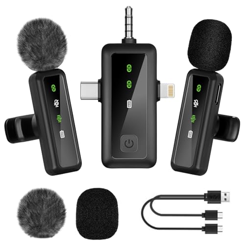 2 Pcs Microfono Wireless Bluetooth, con 3 in 1 Ricevitore Universale, Riduzione del Rumore, Plug-Play, Microfono Lavalier senza Fili per Smartphone Pc Fotocamere, per Podcast Video Live Intervista
