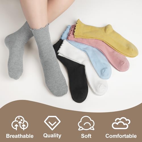 6 Pairs Cute Floral Ruffle Crew Socks Women, Breathable Cotton Novelty Casual Girls Above Ankle Funny Socks US 5-104