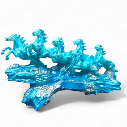 Image of 7 Running Horses | Vastu, Feng Shui Statue for Good Luck Wealth Health Happiness White Horses with Golden Touch | Home Decor Gift for Home, Office, Resin (L-17, H-10 Inch) (Sky Blue)