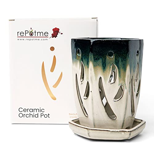 rePotme 4 x 6 inch Ceramic Orchid Pot (Evergreen Emerald Over Cream) - Hexagon Orchid Pot with Holes