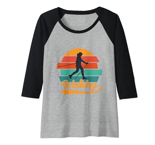 Womens Nordic Walking Retro Walkerin Walking Raglan Baseball Tee, Black