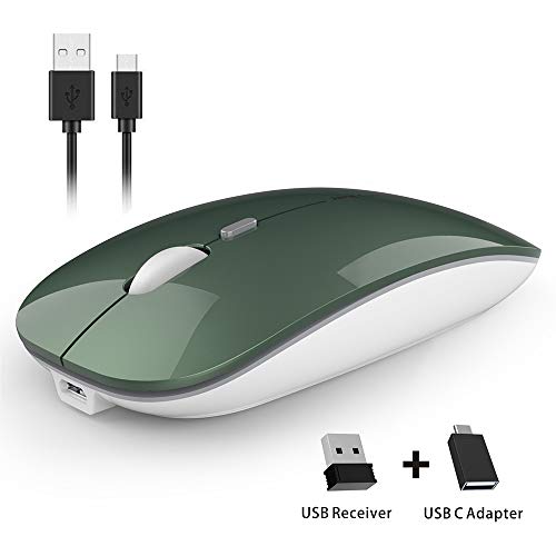 Uciefy Q5 Slim Rechargeable Wireless Mouse, 2.4G Portable Optical Silent Ultra Thin Wireless Computer Mouse With Usb Receiver And Type C Adapter, Compatible With Pc, Laptop, Desktop (Blackish Green) #TOP7