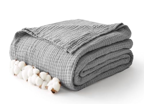 Image of 100% Cotton Muslin Blanket King 108 inch x 90 inch, 6 Layers Breathable and Lightweight Cotton Throw Blanket for Bed, Soft Quilt Bedspread Coverlet, Gauze Blanket for Adults All Season, Grey