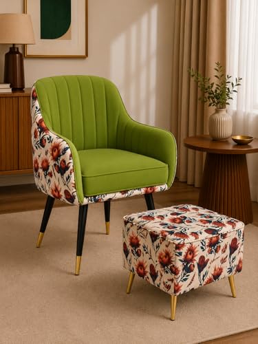 Image of Designer Accent Chair with Floral Printed Back & Footstool | Velvet Lounge Chair for Living Room, Makeup Vanity & Bedroom (Parrot Green Floral)