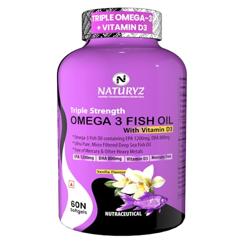 Image of Naturyz Vanilla Flavoured Triple Strength 2500mg Omega 3 Fish Oil with Vitamin D3|Highest Strength 2000 mg Omega 3 Per Serving (EPA 1200mg DHA 800mg) Deep Sea Fish Oil for Unisex-60 Capsules,100 grams