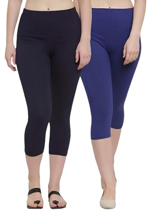GIRLYZ Attire Women's Premium Cotton Skinny Fit 3/4th Capri Leggings Combo |Trendy and Comfortable,Size Fit- Small to Large (Pack of 2) (Navy Blue - Royal Blue)-image-34