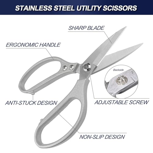 Image of Stainless Steel Utility, Ergonomic Handle Multi-Purpose Shears, Leather Scissors, All Metal Scissors, Black (8-Inch)