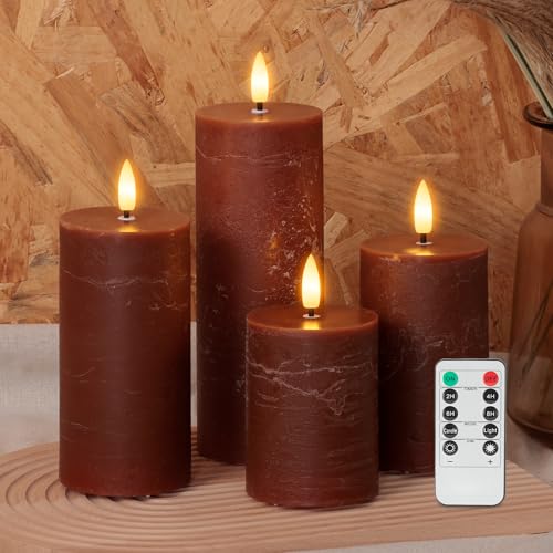 Image of Flameless Pillar Candles with Remote, Real Wax Battery Operated Decorative Candles, Brown Home Decor for Table, Fireplace Mantle, Entryway, Set of 4