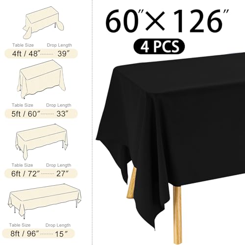 Image of 4 Pack Rectangle Tablecloth 60x126 Inch Black Washable Polyester Table Cover for Wedding Dining Table Buffet Parties Banquet Decoration(Black)