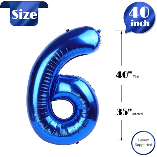 Image of Metallic Blue Number 6 Balloon 40 Inch, 6th Birthday Party Decorations, Giant 6 Foil Balloon for Party Supplies