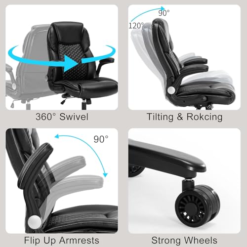 Image of ZLHECTO Big and Tall Executive Office Chair, PU Leather Swivel Desk Chair with Flip-up Arms, Adjustable Lumbar Support, Space-Saving Height Adjustable Rolling Computer Chair for Home & Office Use