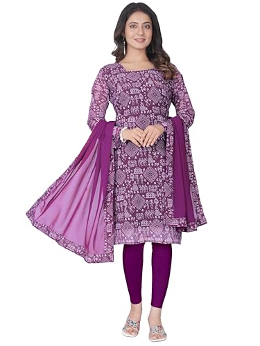 Image of Women's Printed Kurti with Georgette Dupatta, Full Inner Lining, Lightweight Ethnic Set