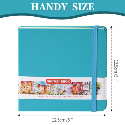 Image of 5x5 Pocket Sketch Book,80gsm Hardcover Art Sketchbook for Drawing Journal | PU Cover,Blank Paper,96Sheets /192Pages,Lay-Flat,Portable Travel Creation Paint Diary Memo Planner,Dry Media.Lake Blue