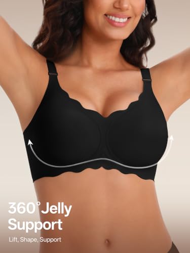 Image of Angelhood Seamless Jelly Bras for Women Wireless Push Up T-Shirt Bra Pack | Full Coverage, V Neck, No Underwire, Everyday Comfort, Convertible Bralettes, Supportive, Back Smoothing, Scalloped Brassiere