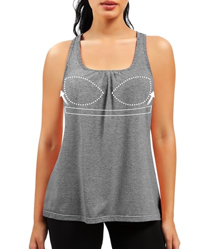 Women Racerback Built-in Bra Workout Tank Tops Round Neck Gym Shirts Grey - image 1