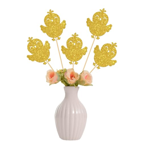 Palitos de centro de mesa de pollito, diseño de animales de granja, baby shower, centros de mesa de cumpleaños, decoración de mesa de fiesta de Pascua, purpurina dorada, 12 piezas