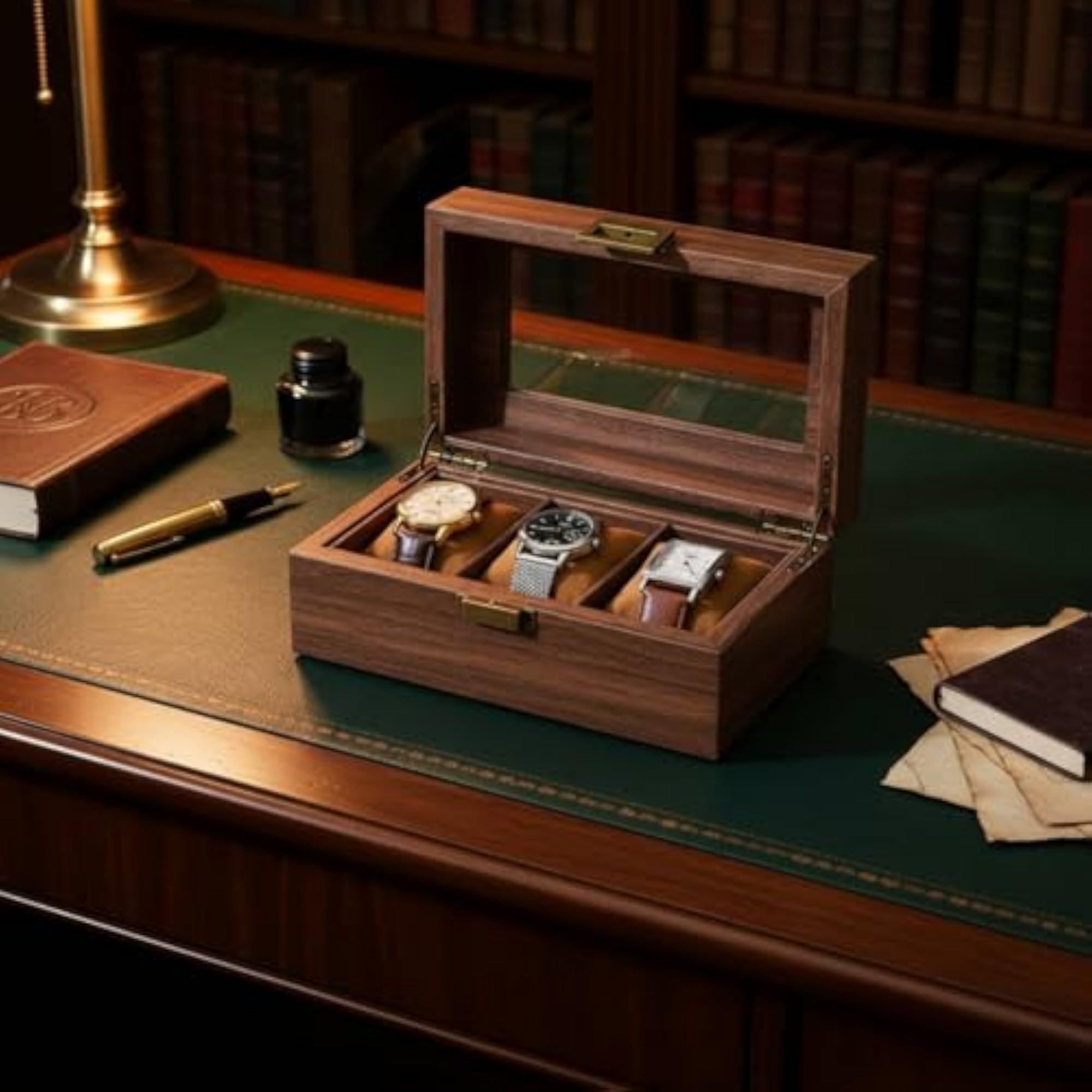 Wood Grain Glass Lid Watch Box with 10 Slots